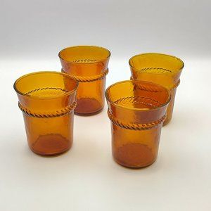Pier 1 Set Of 4 Amber Rope Detail Handcrafted Mouth-Blown Drinking Glass  - New
